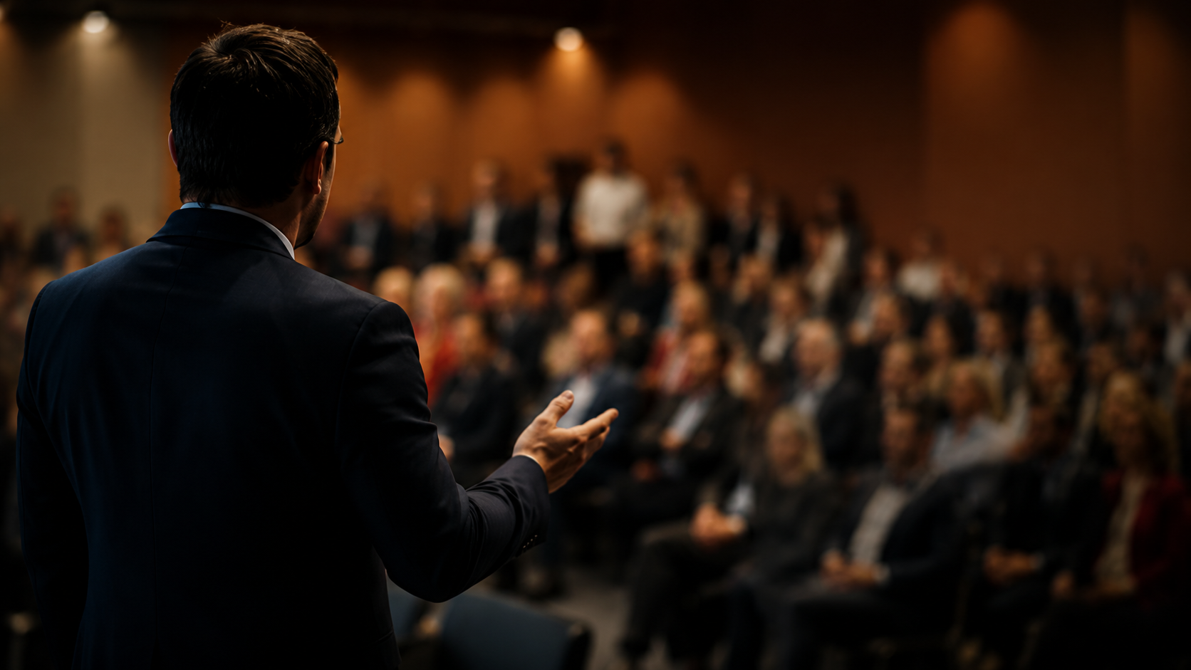 Speaker presenting to an audience for eZWay Pitch Cart